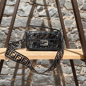 Fendi Black Leather Clear FF Zucca PVC Medium Baguette Shoulder Bag